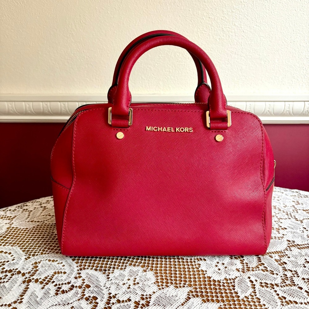Michael Kors Red Jet Set Travel Saffiano Leather Dome Satchel Medium Handbag